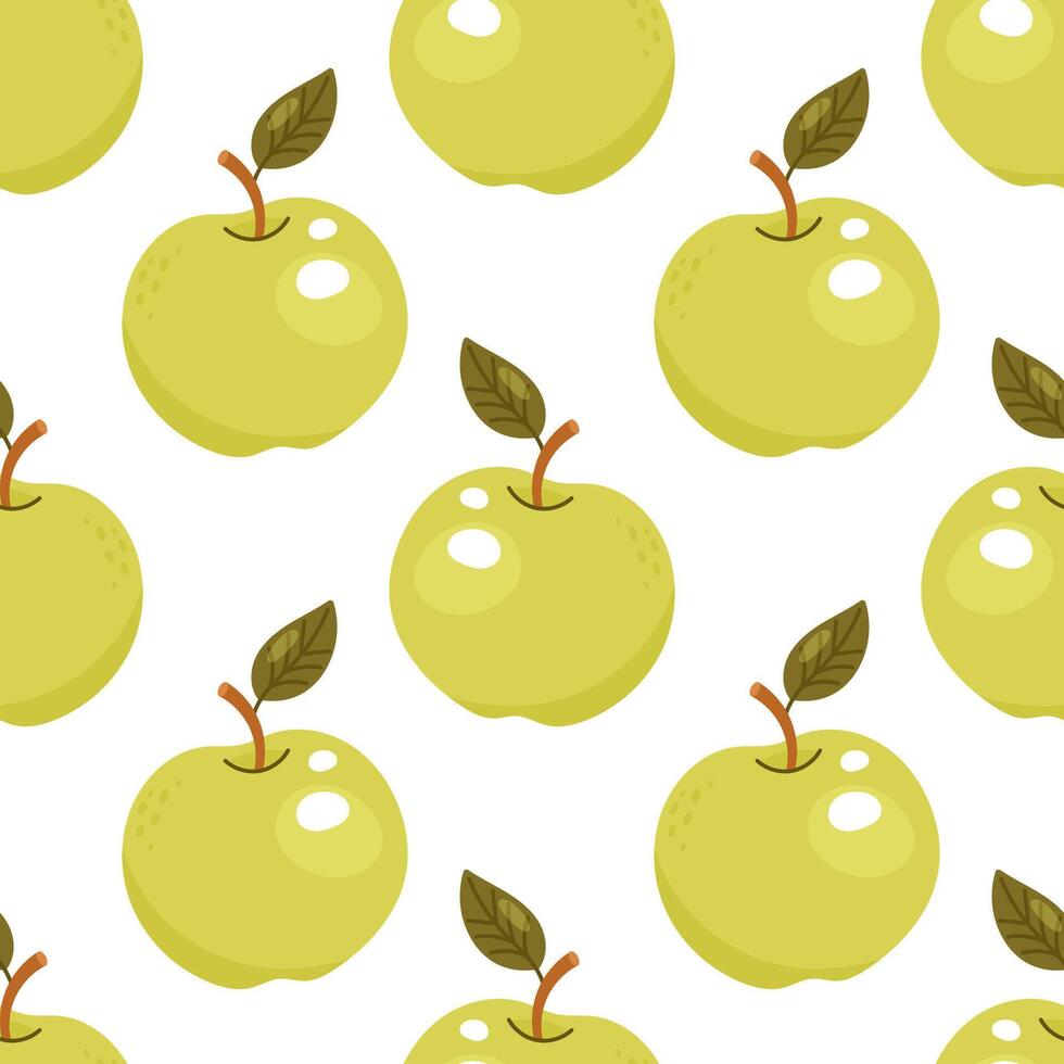 Seamless green apple pattern with cartoon style and cute leaves vector
