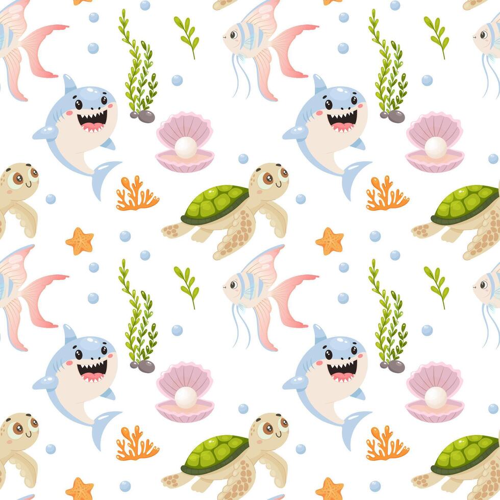 shark turtle fish sea pattern cute marine seamless ocean repeat background cartoon vector
