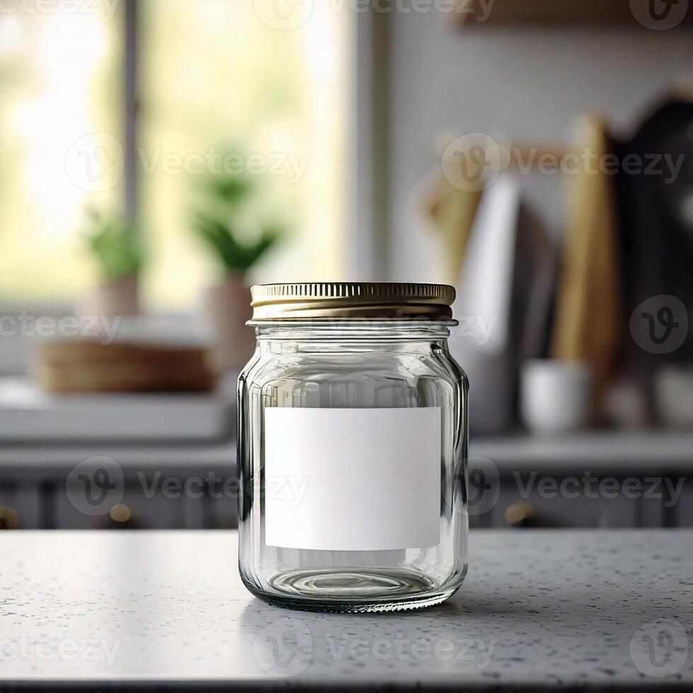 Small empty glass container jar with white blank label photo