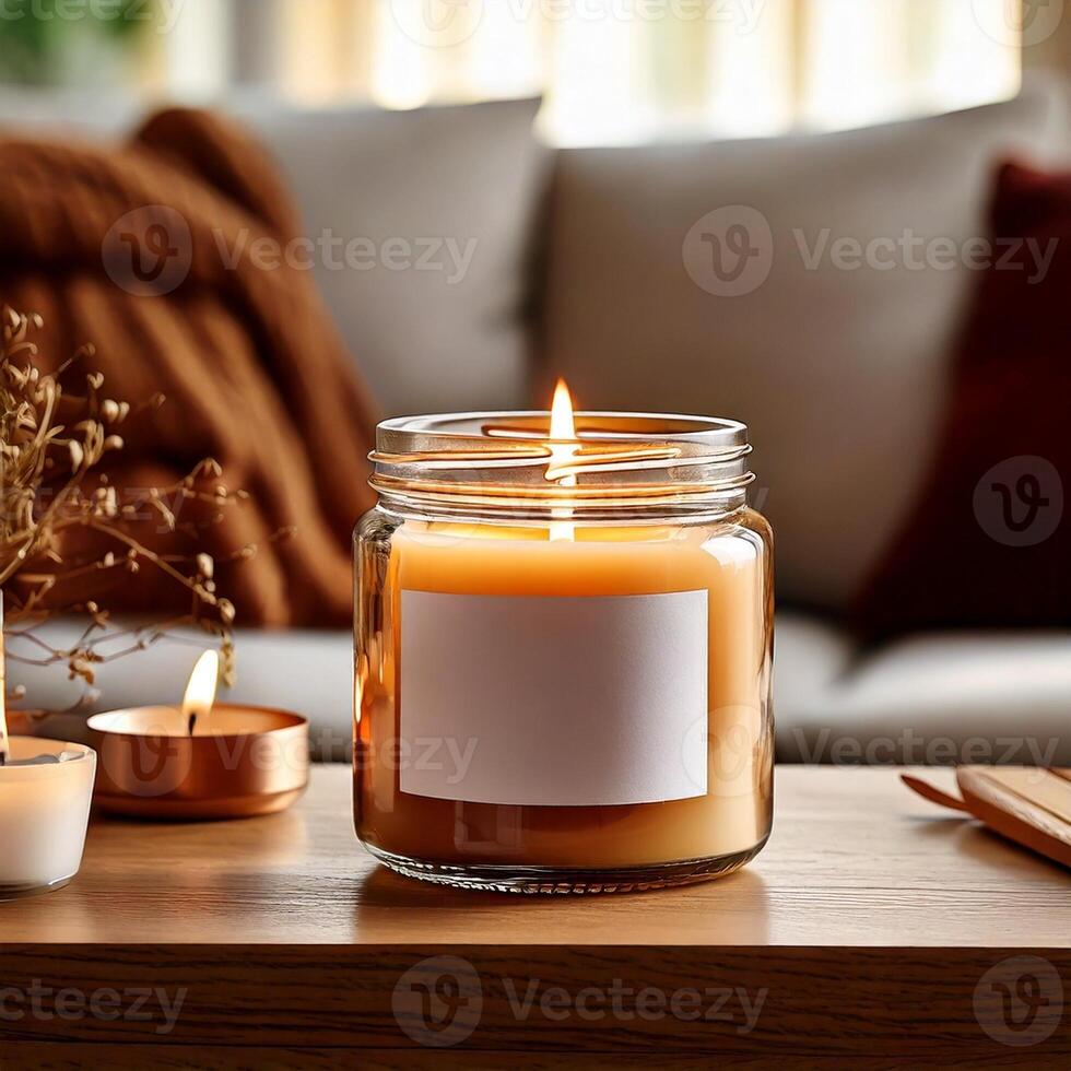 Candle glass container with with blank label, behind a warm aesthetic living room photo