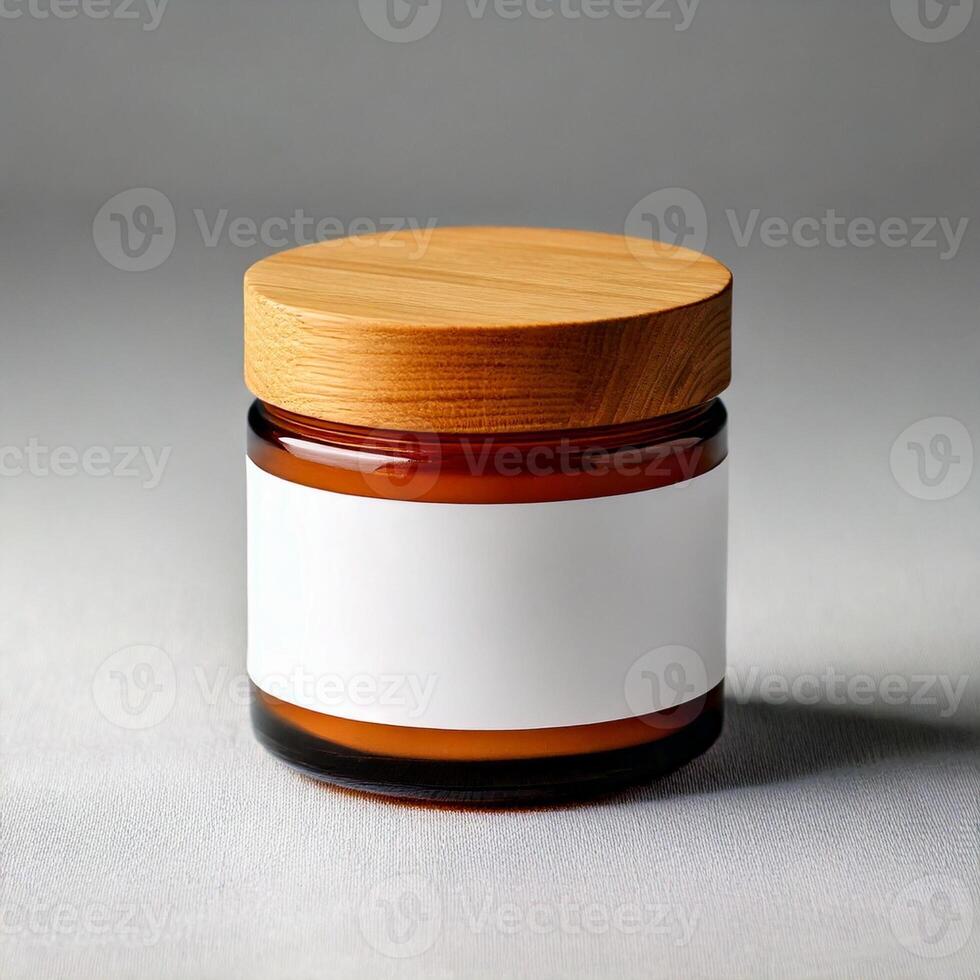 glass jar with removable wooden lid mockup and blank white label photo