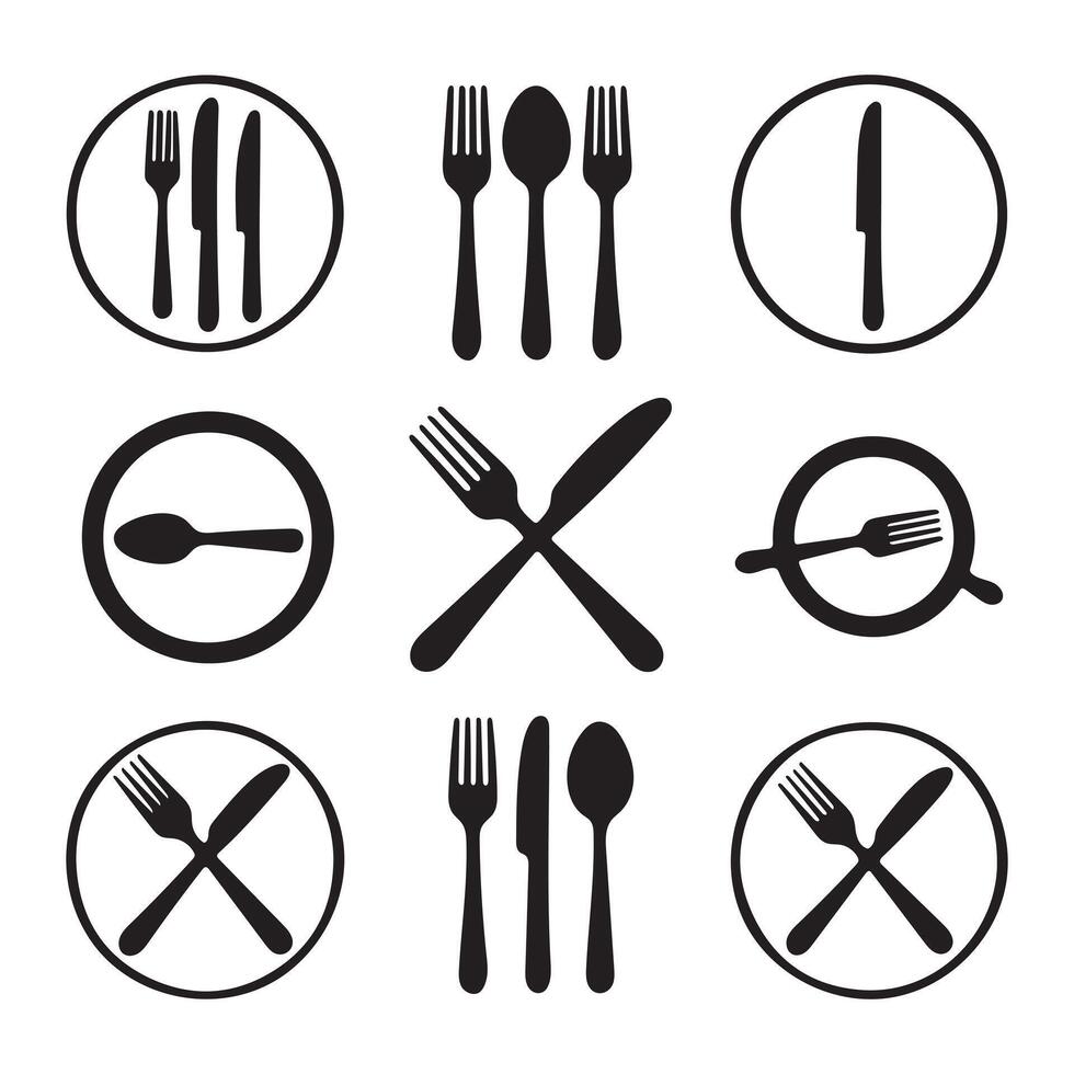Black Silhouette icons Sets Representing Designs Forks Knive vector