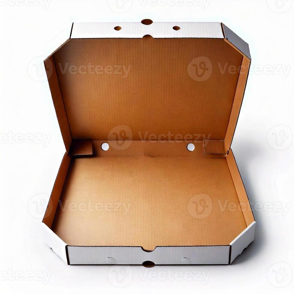 Blank empty open pizza box in an isolate white background photo
