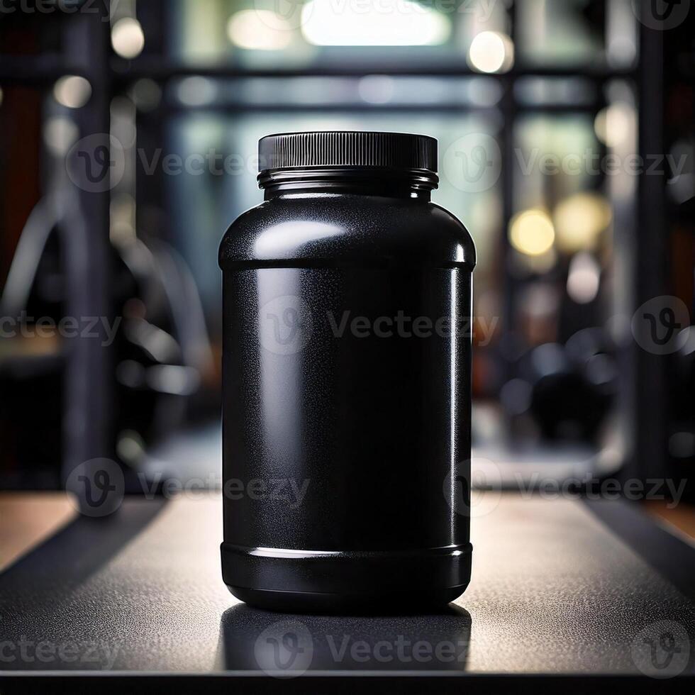 Black plastic container, mock up with minimal gloss and blurred gym background photo