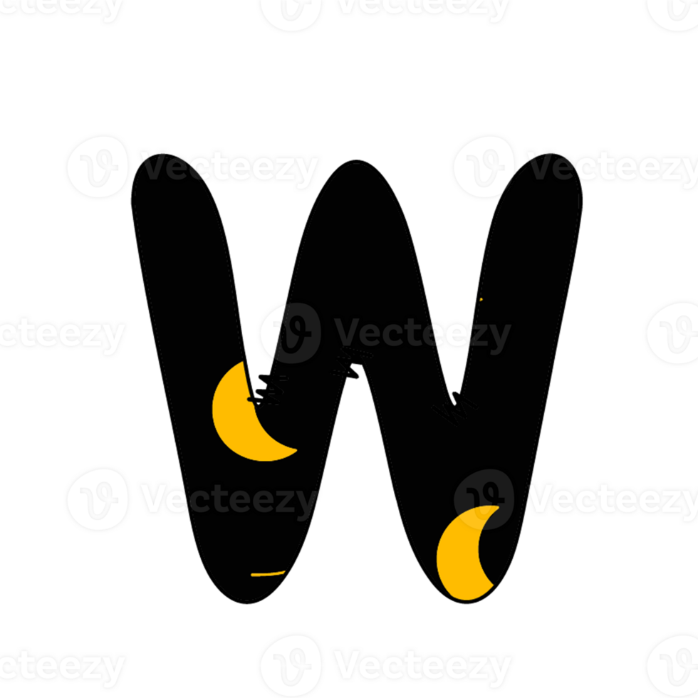 Black Lowercase W with Cute Halloween Stars and Moon png