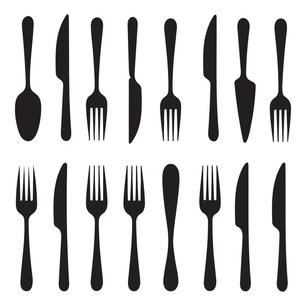 Black Silhouette icons Set Representing Designs Forks Knive vector