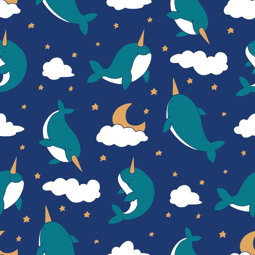 Narwhal Night Sky Pattern Illustration Seamless for Background Wallpaper Packaging Cover vector