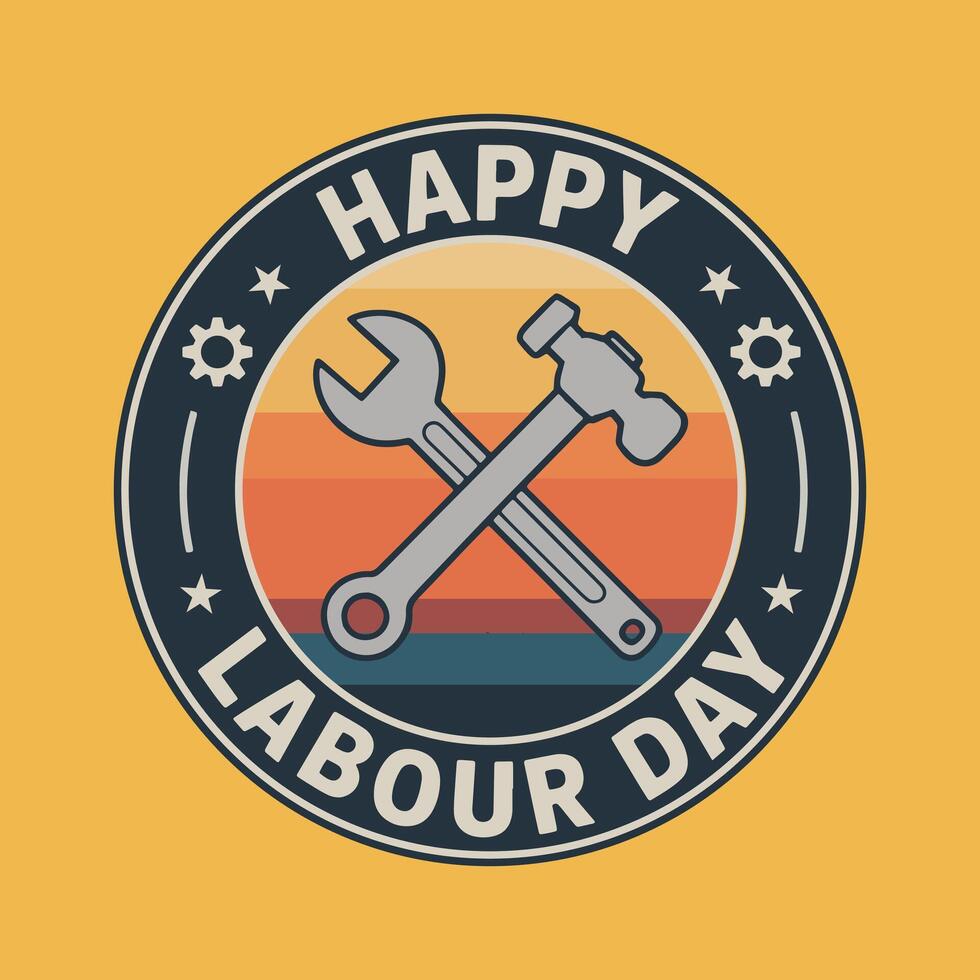 Retro Happy Labour Day Emblem With Crossed Wrench And Hammer Design vector