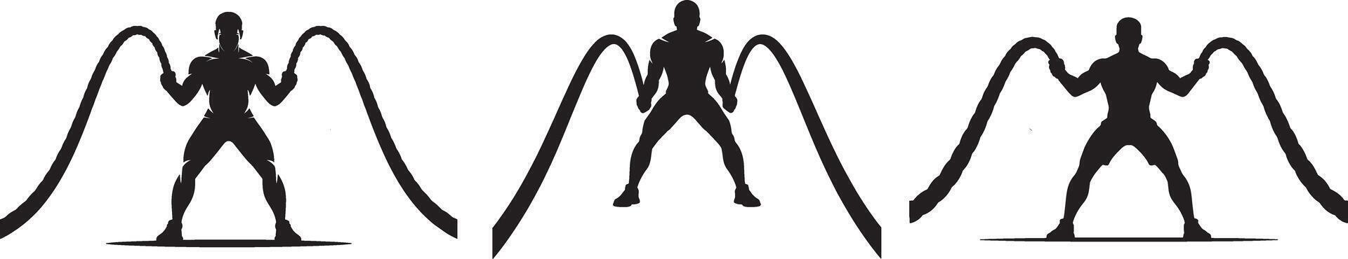 Strong Muscular Men In Silhouette Exercising With Battle Ropes Fitness Illustration vector