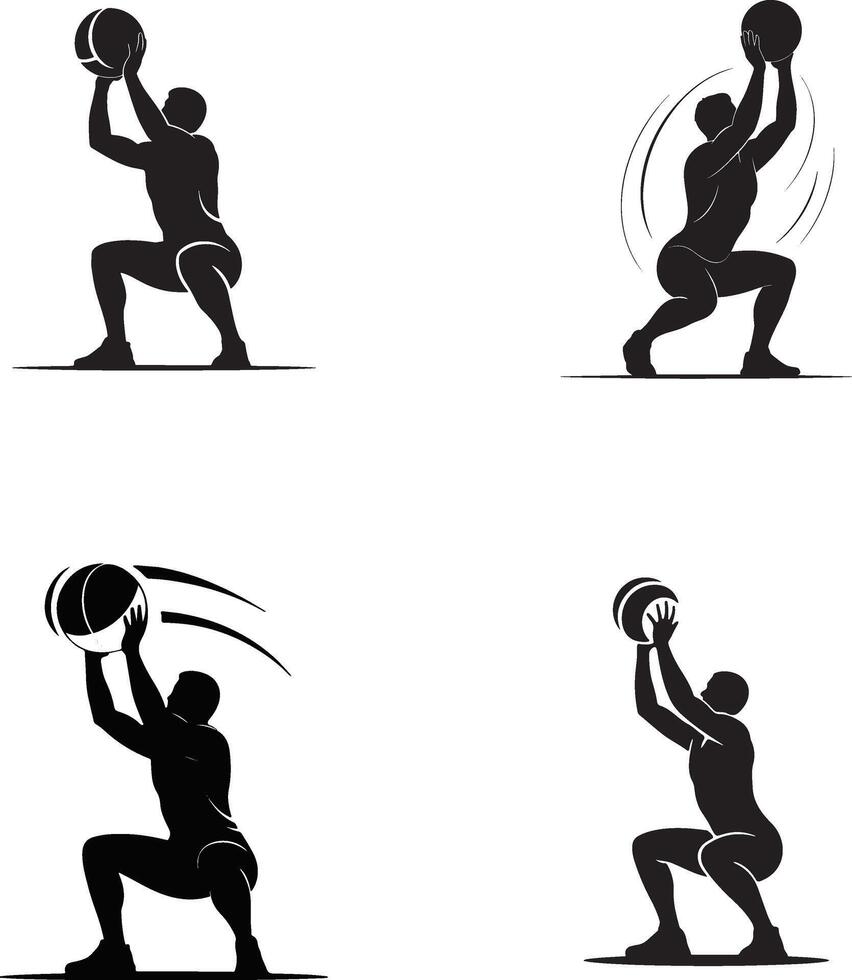 Man Exercising With Medicine Ball Squat Silhouette Illustration Set vector