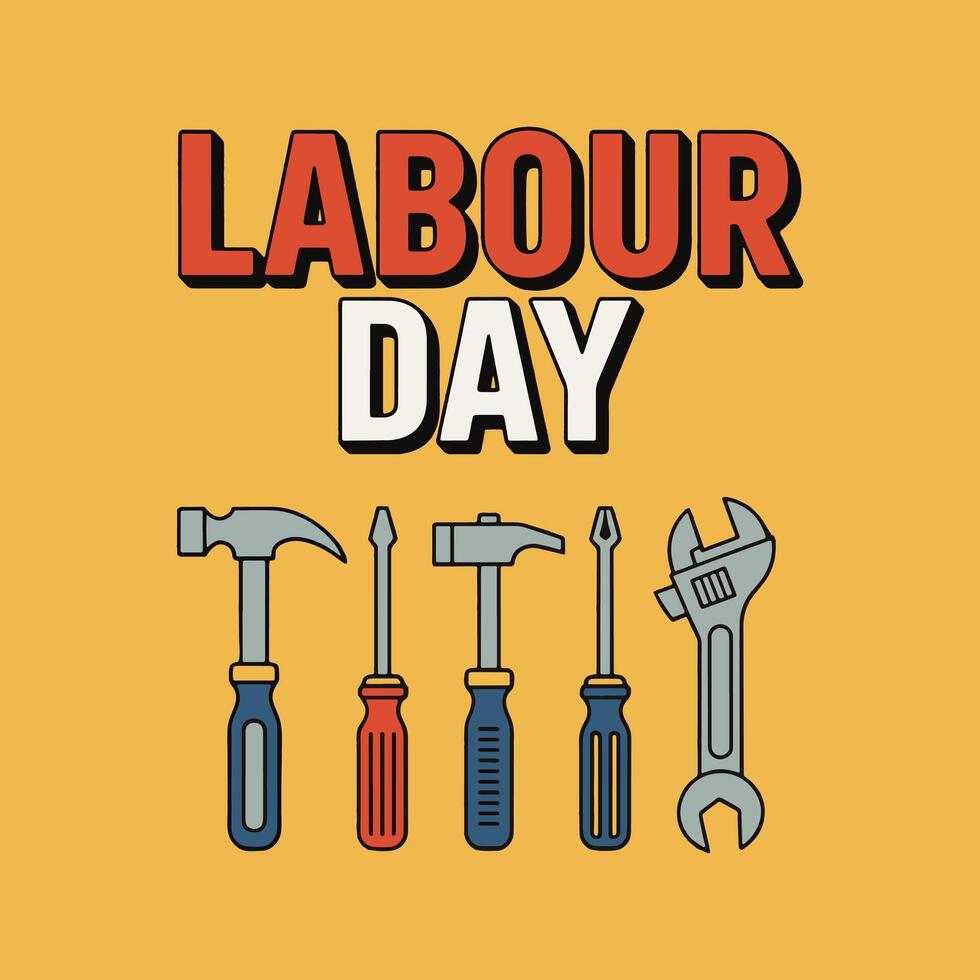 Labour Day Illustration With Tools Hammer Screwdriver And Wrench On Yellow Background vector