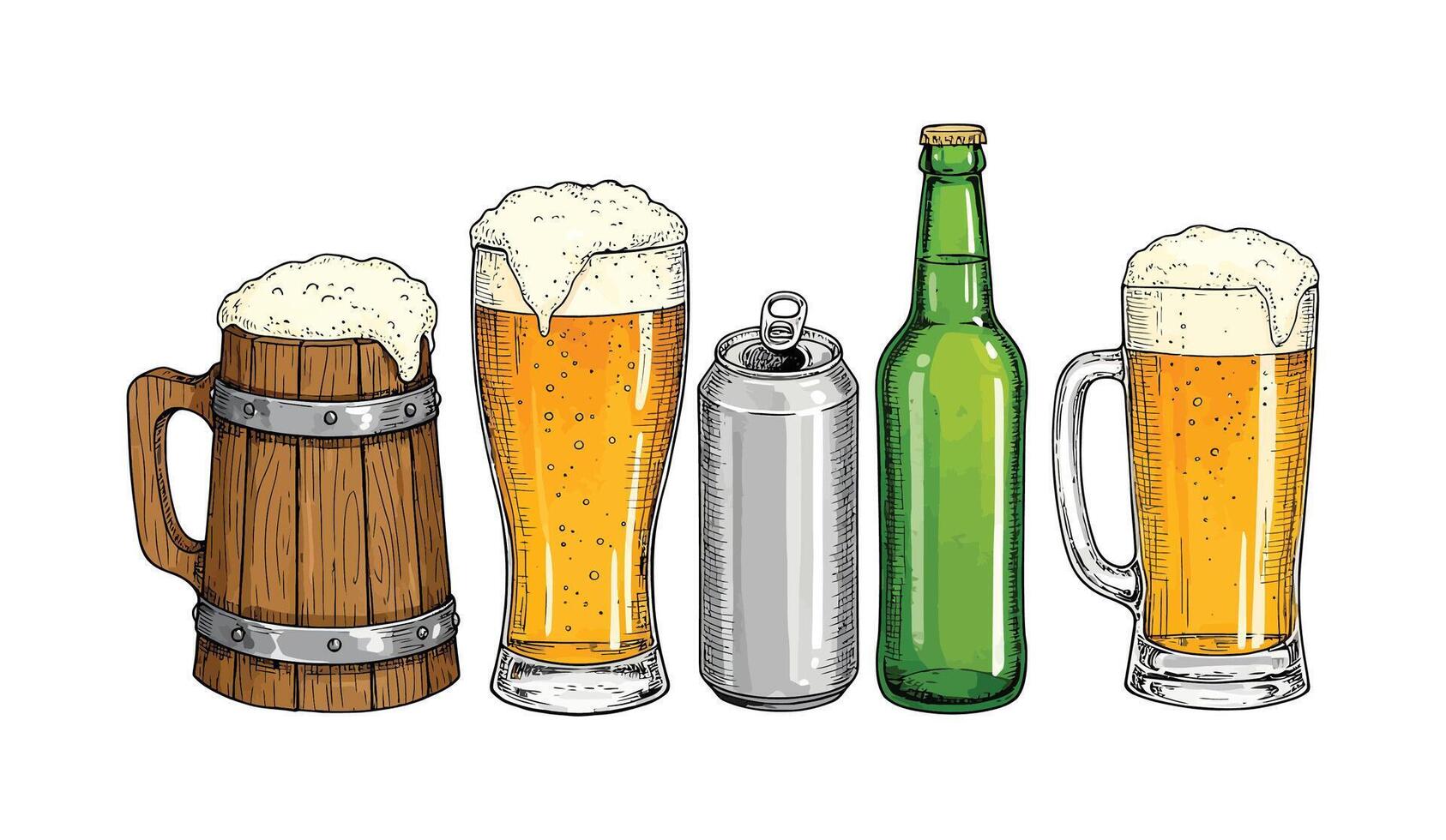 Variety of Beer Containers with Frothy Beer Illustration vector