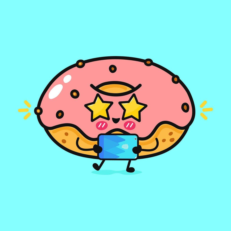 A cute animated donut character with star-shaped eyes is holding a tablet on a blue background. The illustration uses bright colors. vector