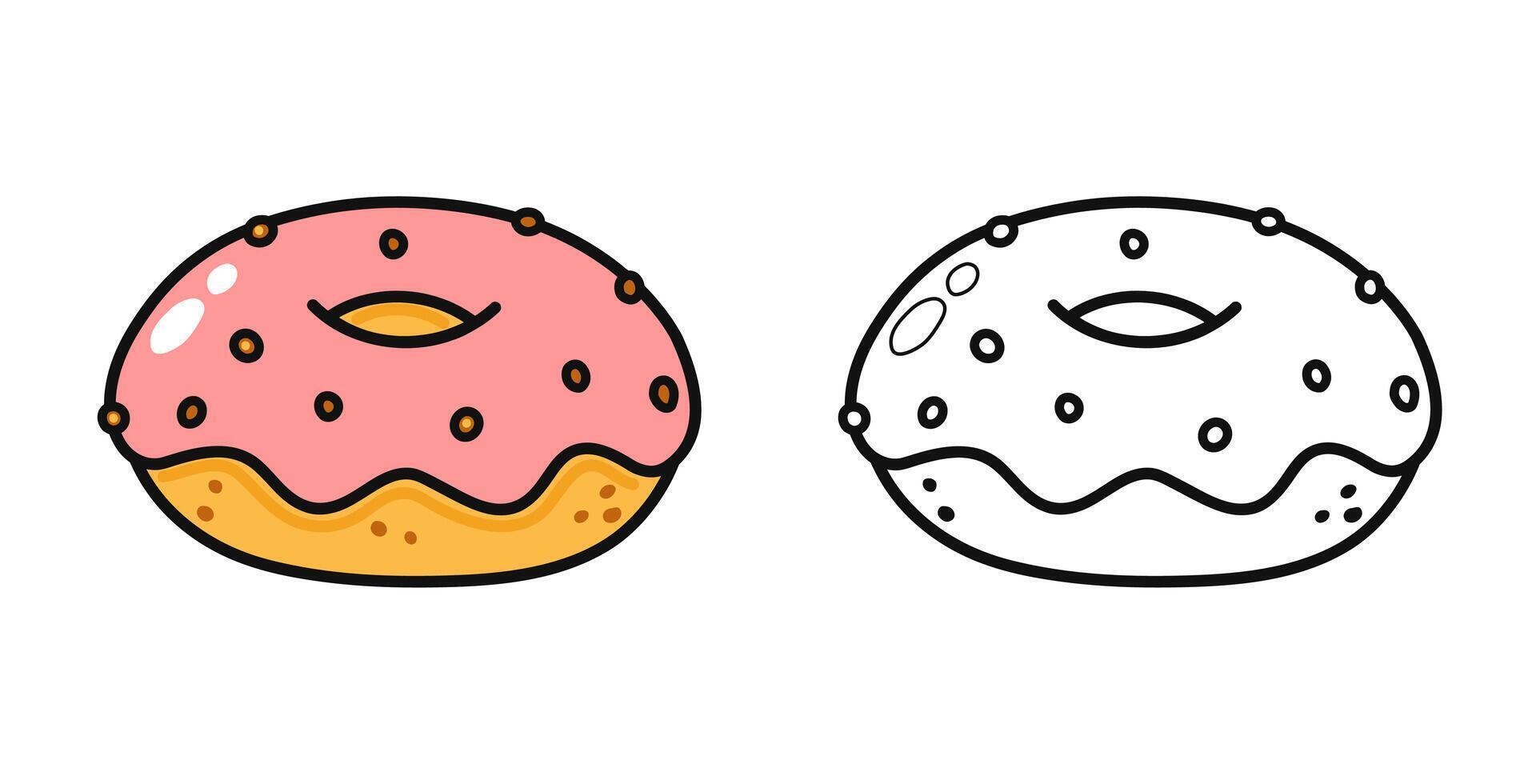 A tasty cartoon donut with pink icing and sprinkles, also a coloring book outline version. vector