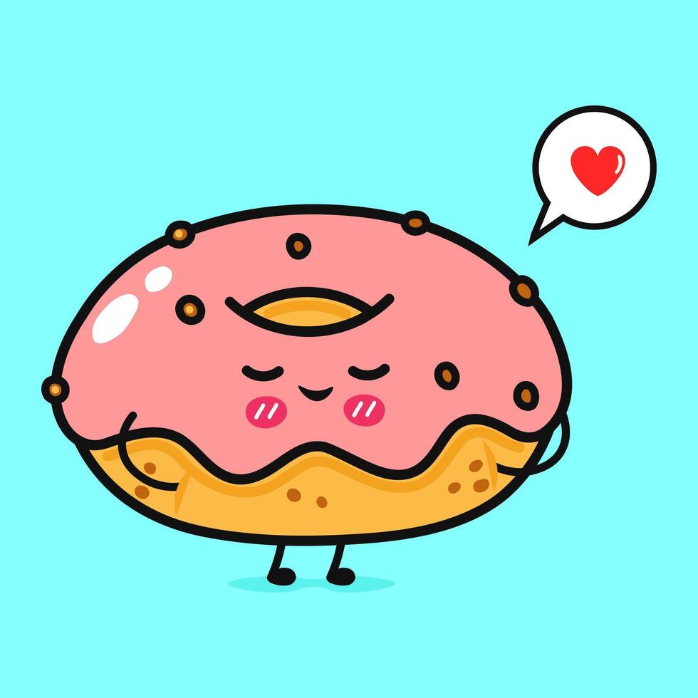 A delightful cartoon donut with a pink glaze and a heart bubble, expressing love with a charming expression. vector