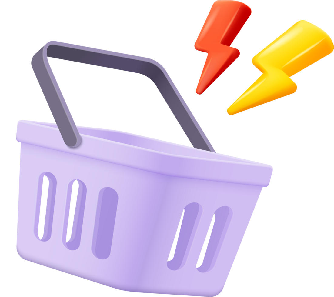 3D shopping cart with price tags. basket and promotion tags on shopping bag for discount png