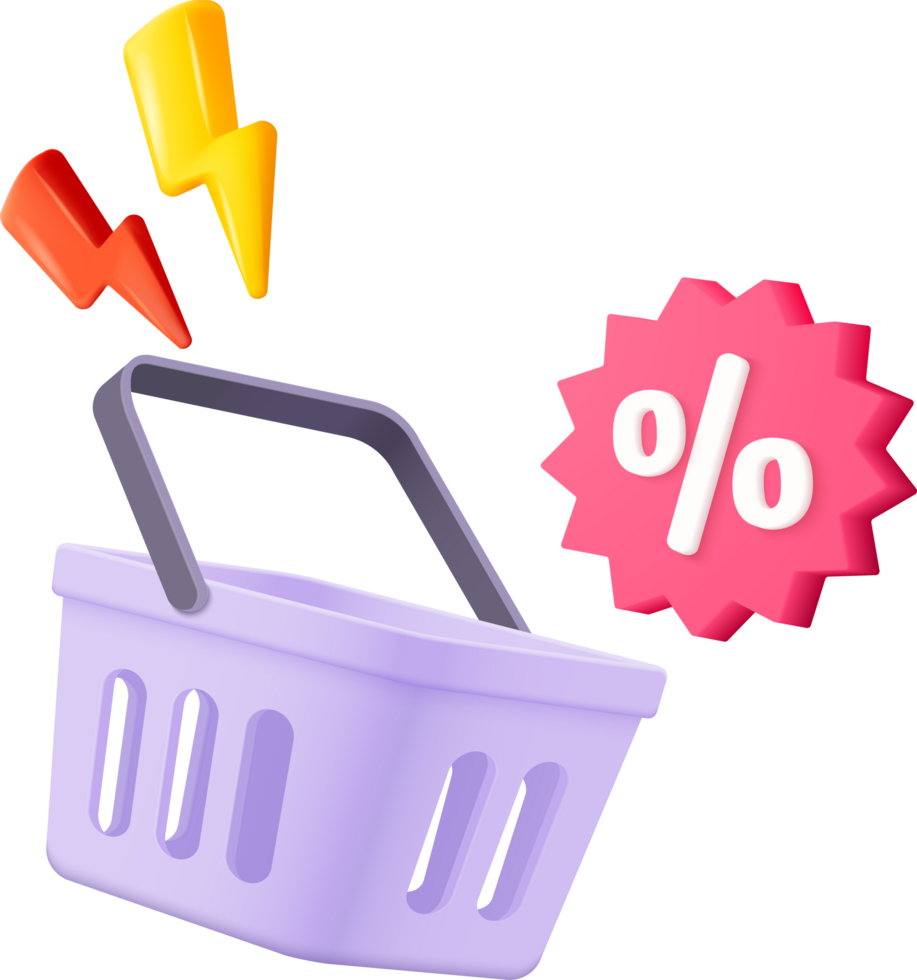 3D shopping cart with price tags for shopping. basket and promotion on shopping bag for discount png