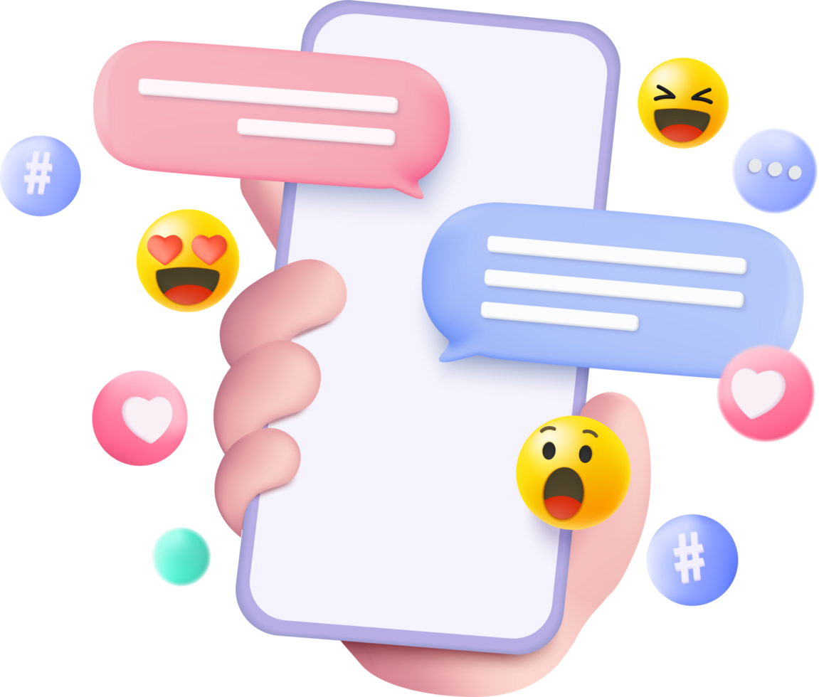 3D speech bubbles symbol on social media icon. Comments thread mention with mobile png