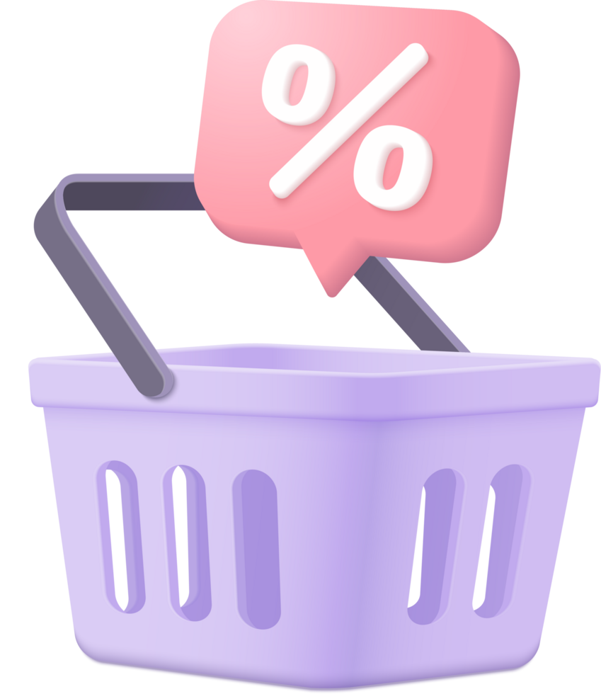 3D shopping cart with price tags for online shopping. basket and promotion tags on bag for discount png