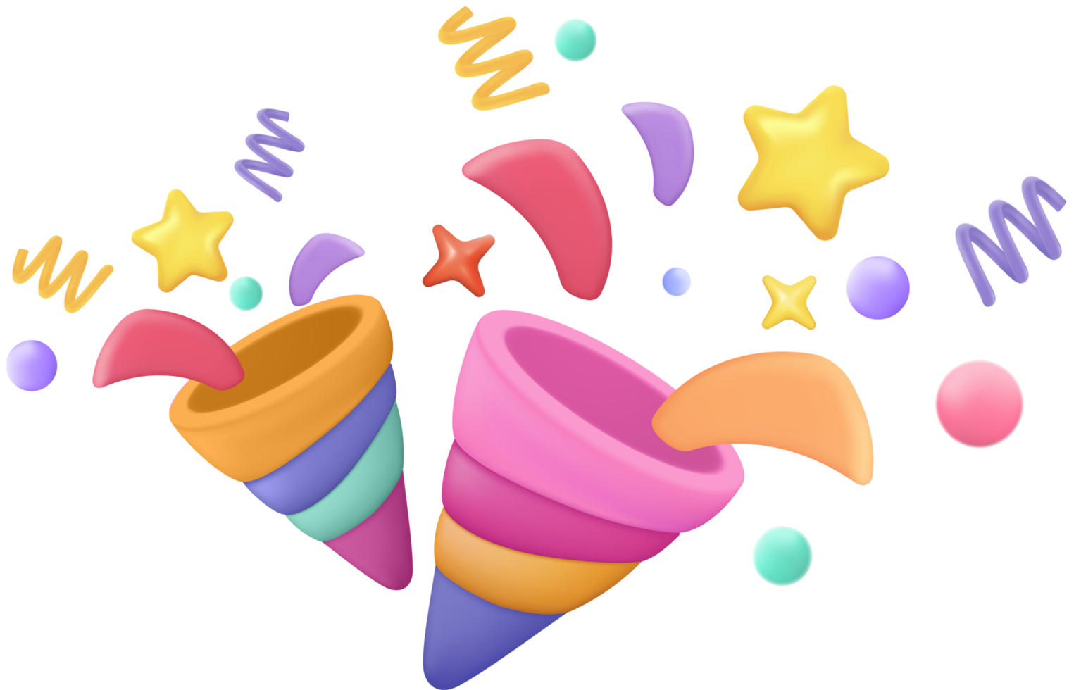 3d party poppers with flying confetti. Firecracker explodes with ribbon for surprise, winner, birthday party and anniversary png