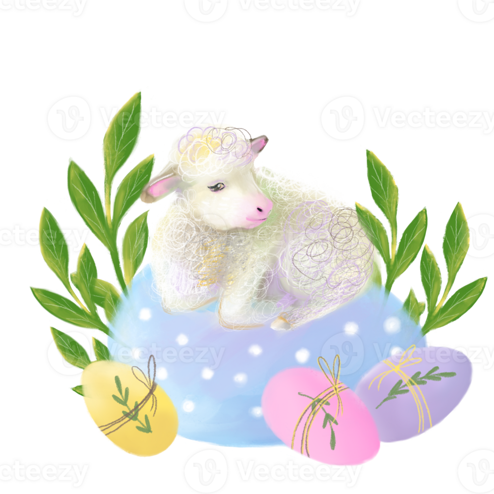 Spring hand drawn card or poster illustration with cute little lamb with green twigs and Easter eggs. png