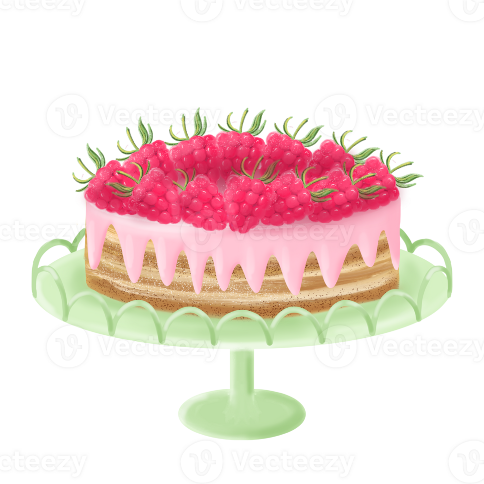 Raspberry cake pie on a cake stand, sweet berry dessert with cream drips, still life style illustration. png