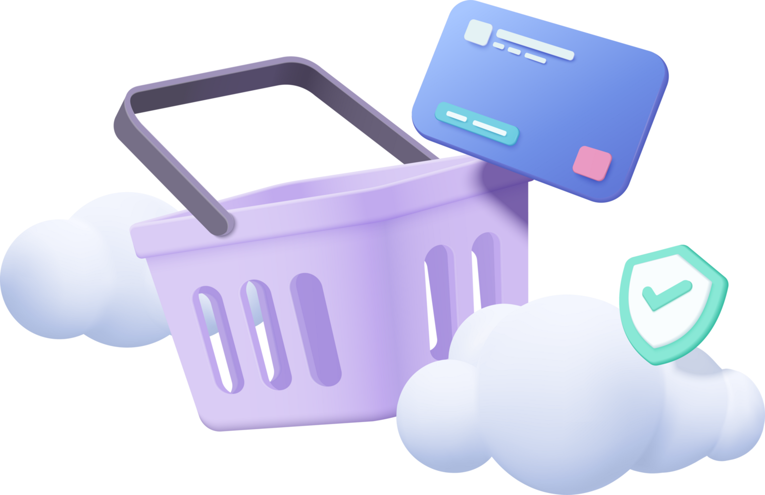 3D shopping cart with price tags for online shopping. basket and promotion on shopping bag for discount png