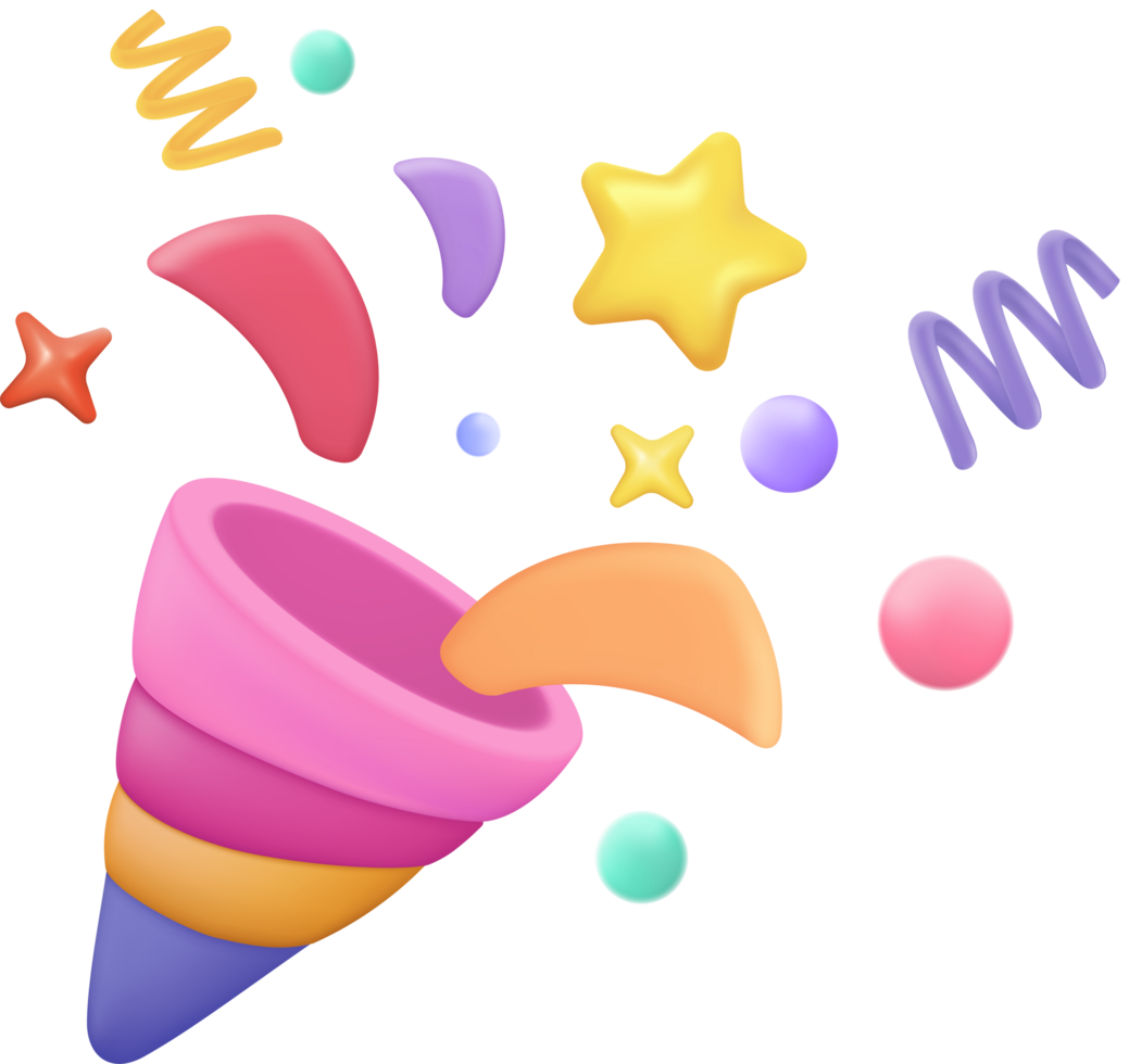 3d party poppers with flying confetti. Firecracker explodes with ribbon for surprise, birthday party anniversary png