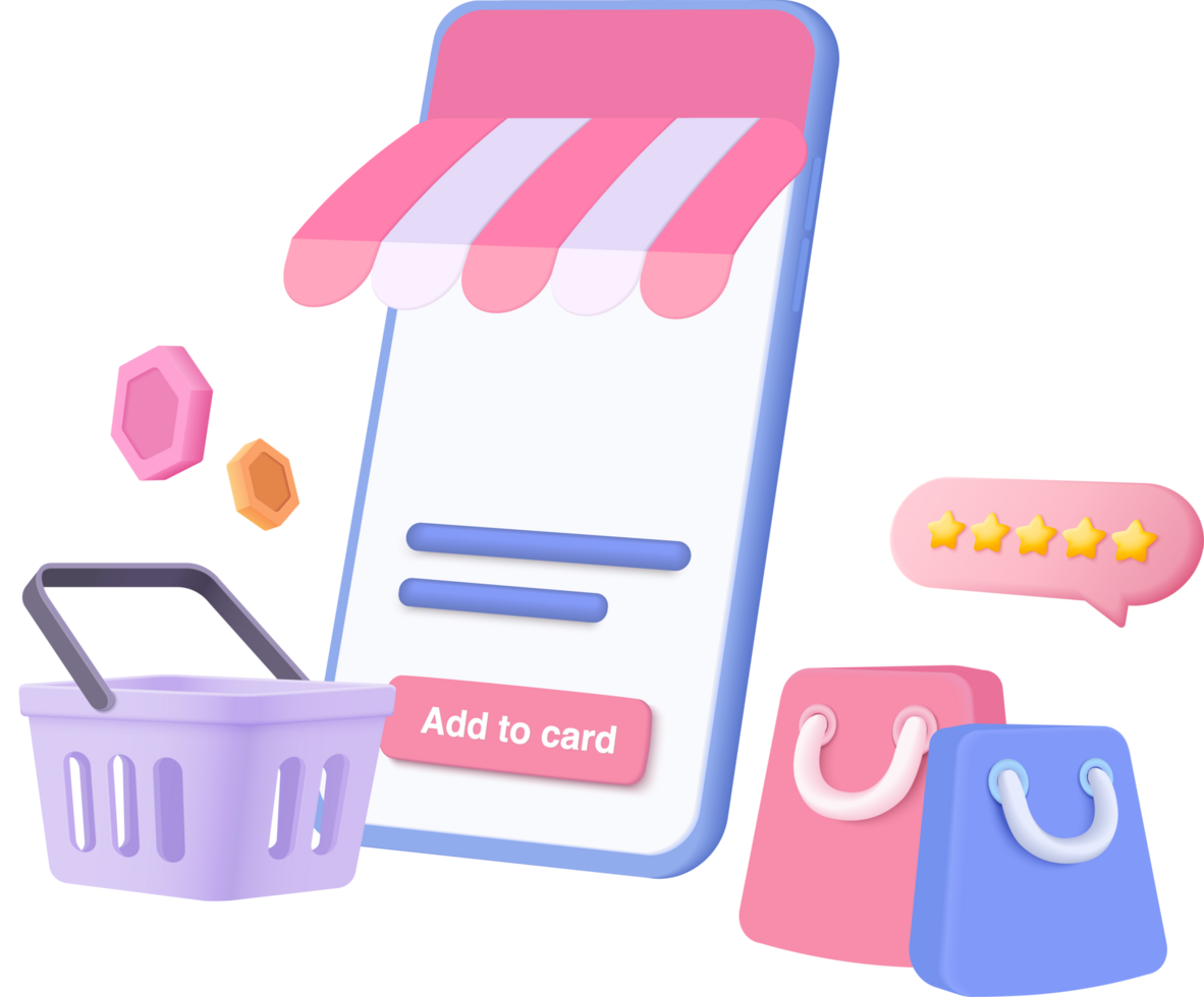 3d mobile phone with price tags for shopping. Basket with promotion tag discount coupon png