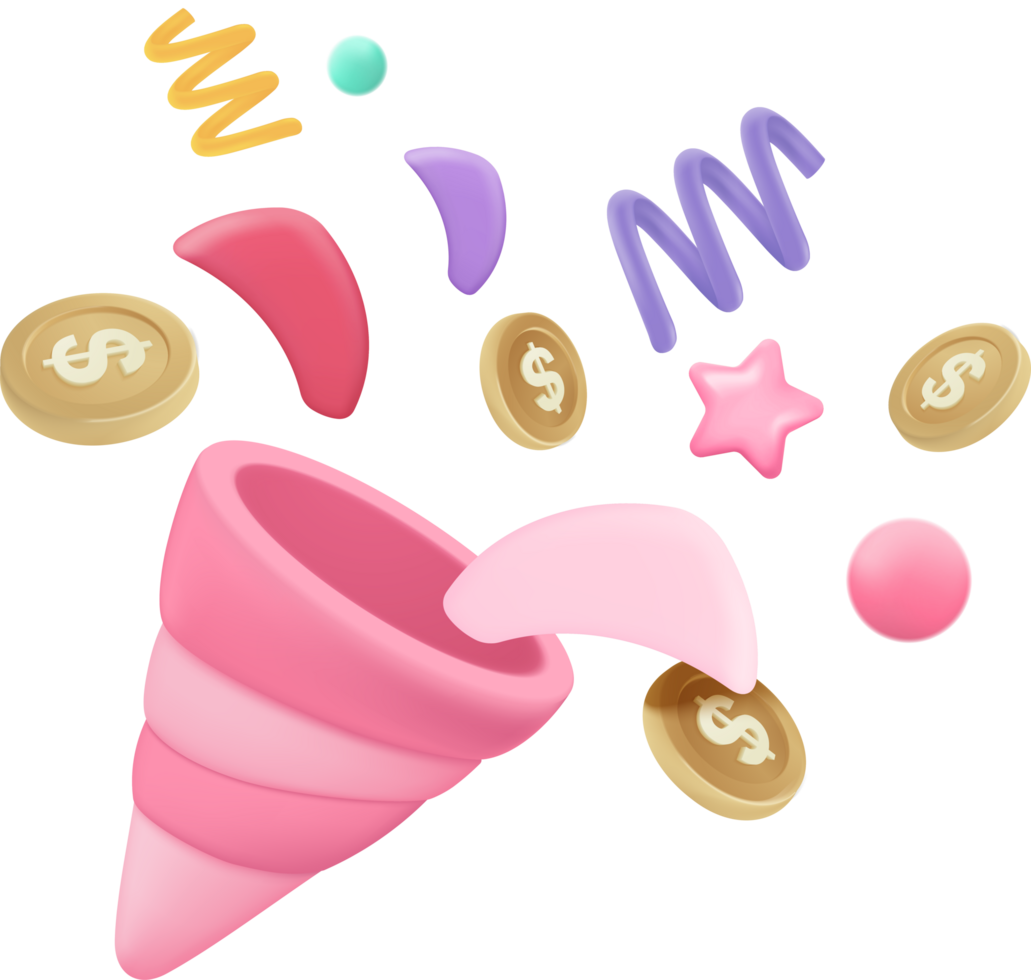 3d party poppers with flying confetti. Firecracker explodes with ribbon for surprise, winner, anniversary png