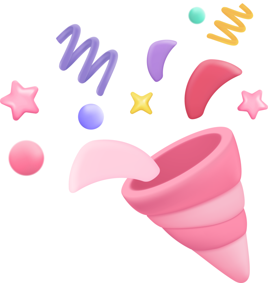 3d party poppers with flying confetti. Firecracker explodes with ribbon for surprise, winner, party png