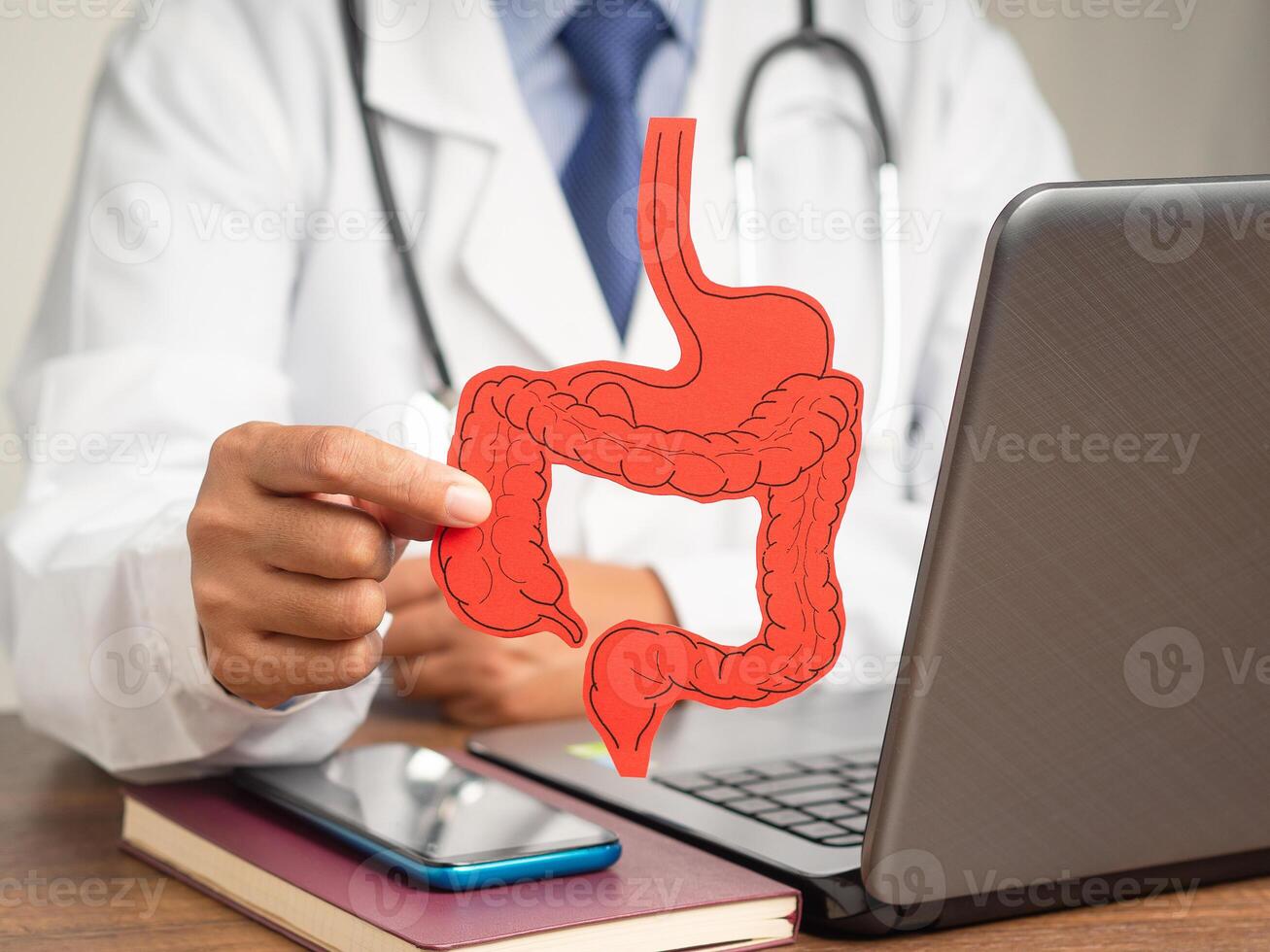 Treatment and prevention of constipation and diarrhea. Close-up of hand doctor holding a large intestine symbol made from paper while sitting at the table photo