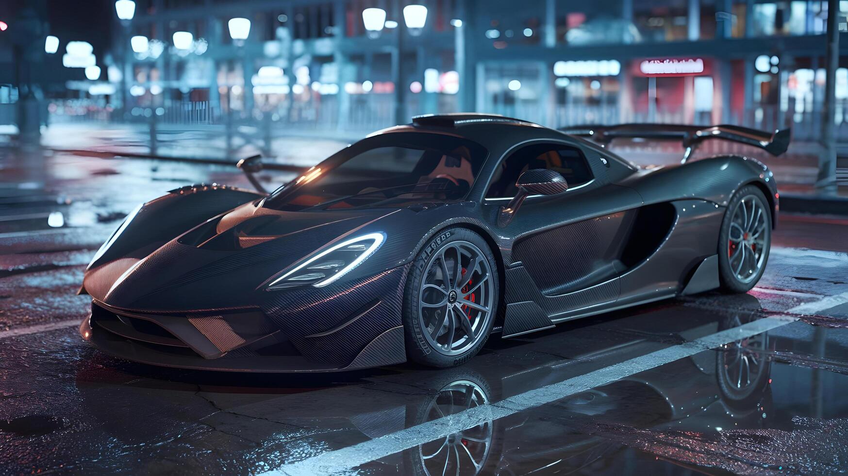 Ultra-Realistic Hypercar in Neon-Lit Urban Nightscape Futuristic Supercar with Carbon Fiber Design POV A hyper-realistic futuristic hypercar with a sleek carbon fiber body parked on wet street photo