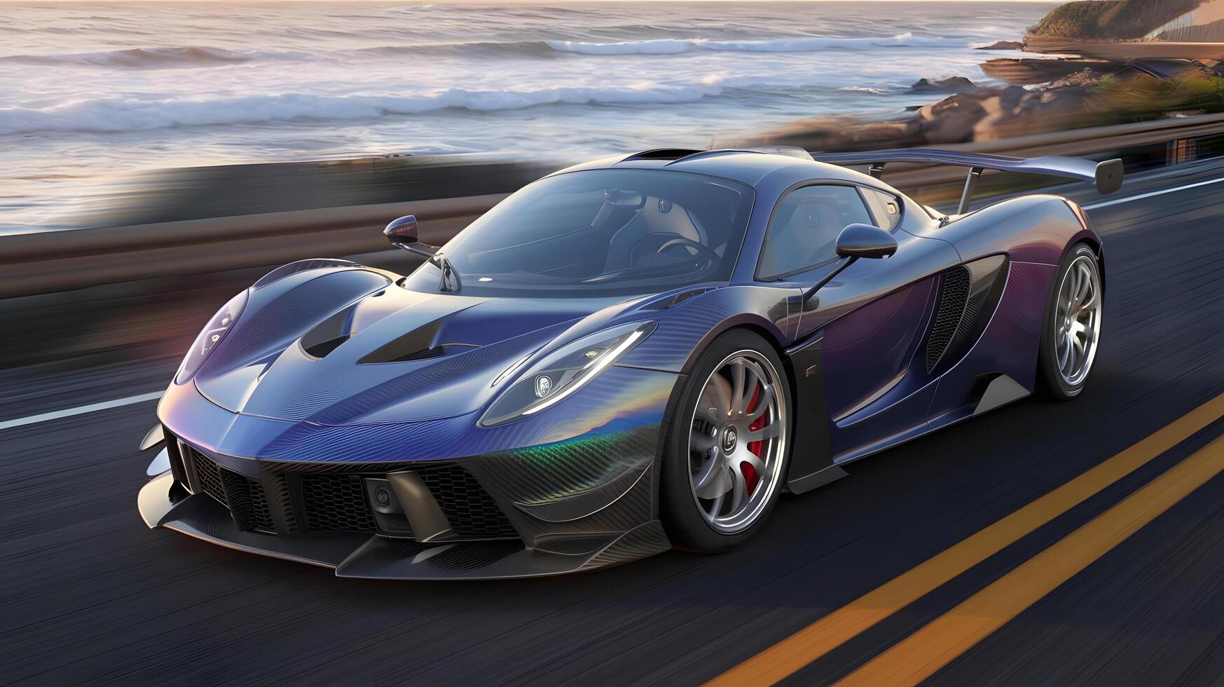 Ultra Realistic High Performance Supercar Driving on Coastal Highway at Sunset Futuristic Hypercar with Aerodynamic Design photo