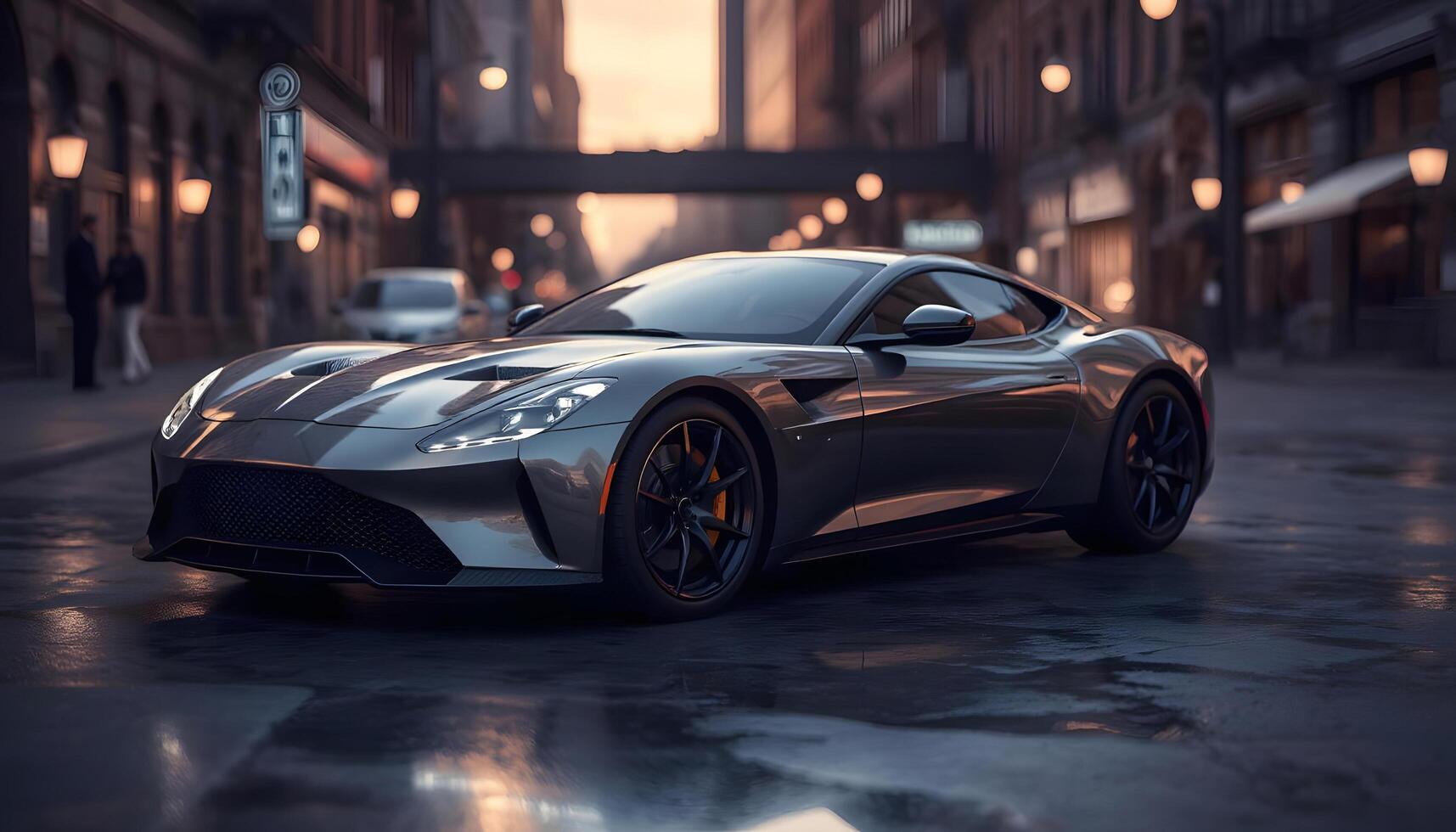 Ultra Realistic Luxury Sports Car on Wet City Streets at Dusk Sleek High-Performance Coupe with LED Lights photo