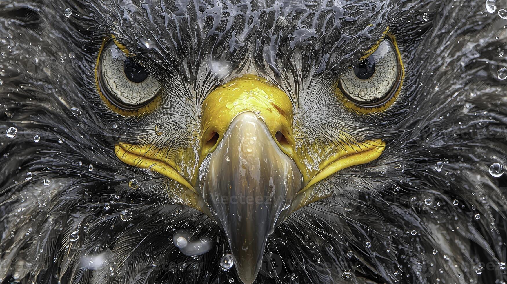 Close-Up Portrait of a Bald Eagle Head with Water Droplets photo