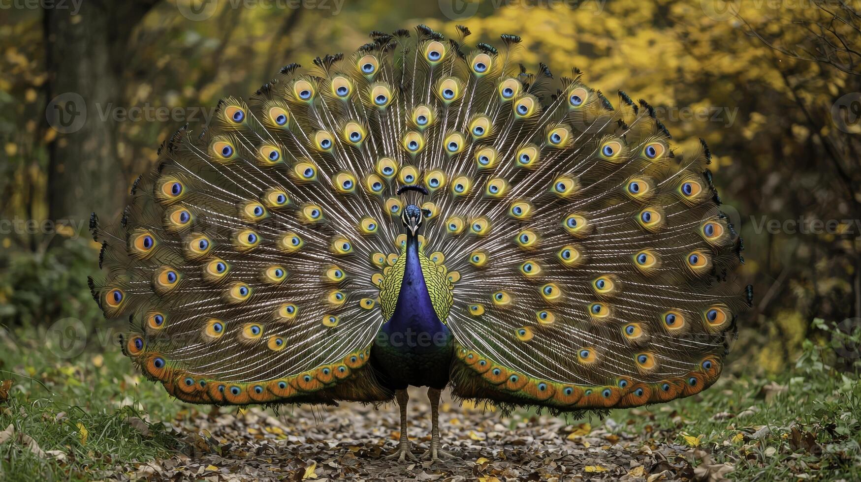 Peacock Displaying Its Elaborate and Colorful Tail Feathers in Nature photo