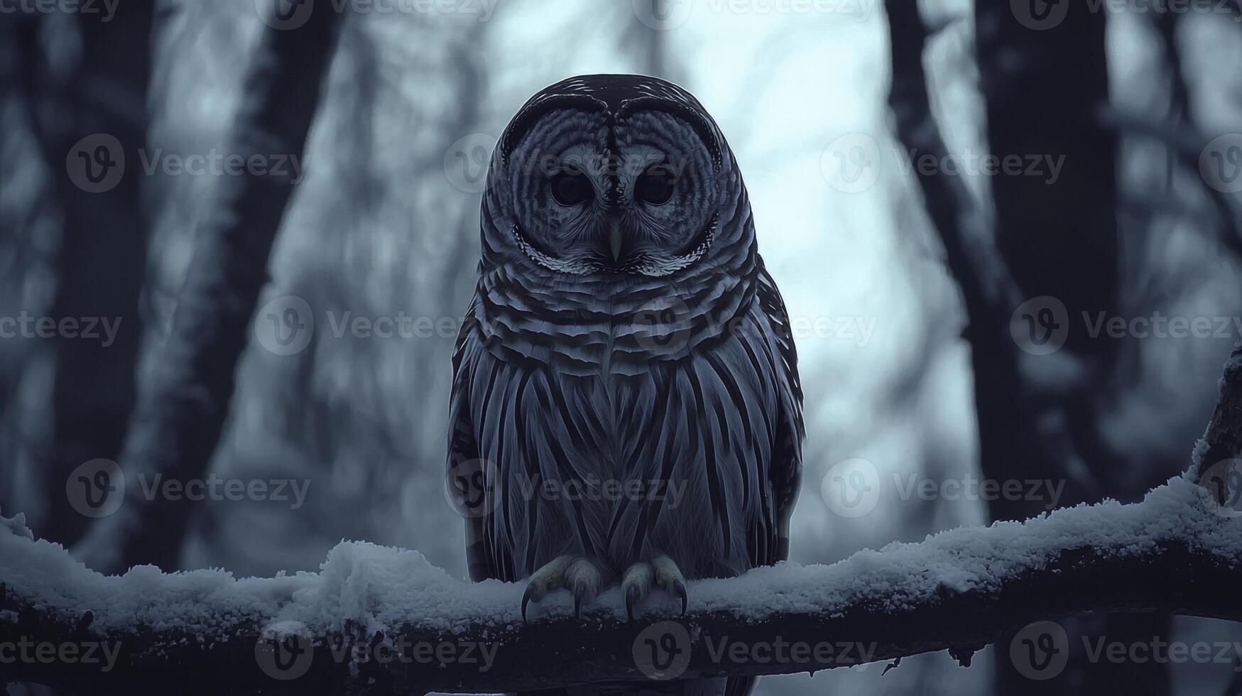 Barred Owl Perched Silently on Branch in Dense Forest Environment photo