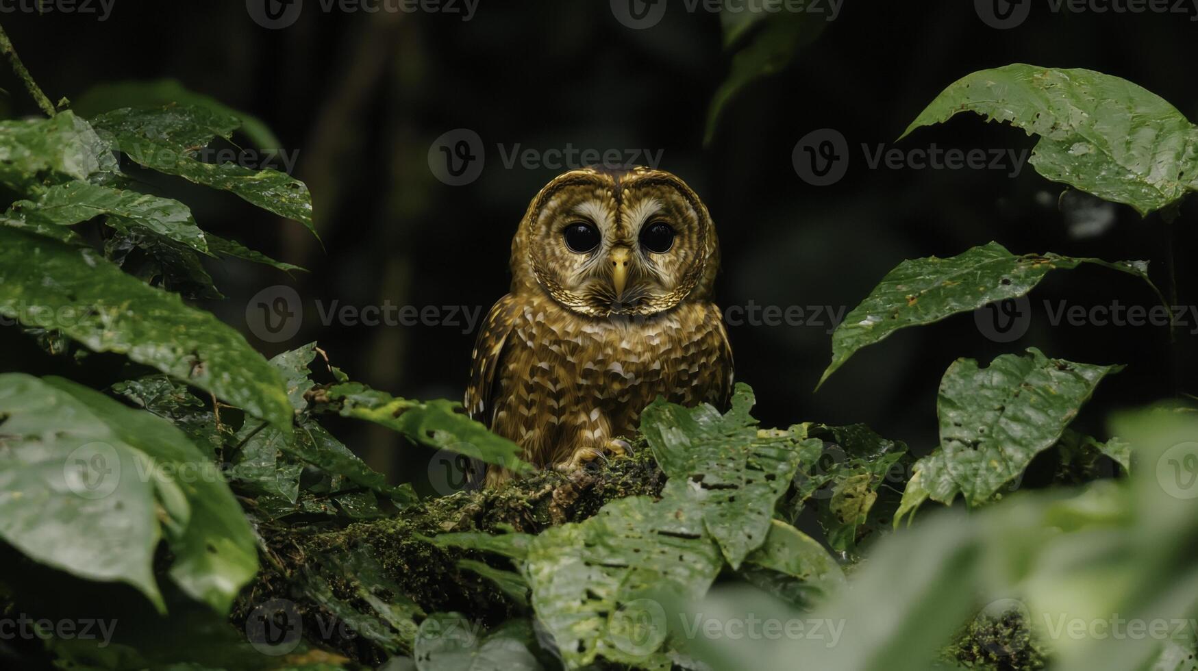Barred Owl Perched Silently on Branch in Dense Greenery photo
