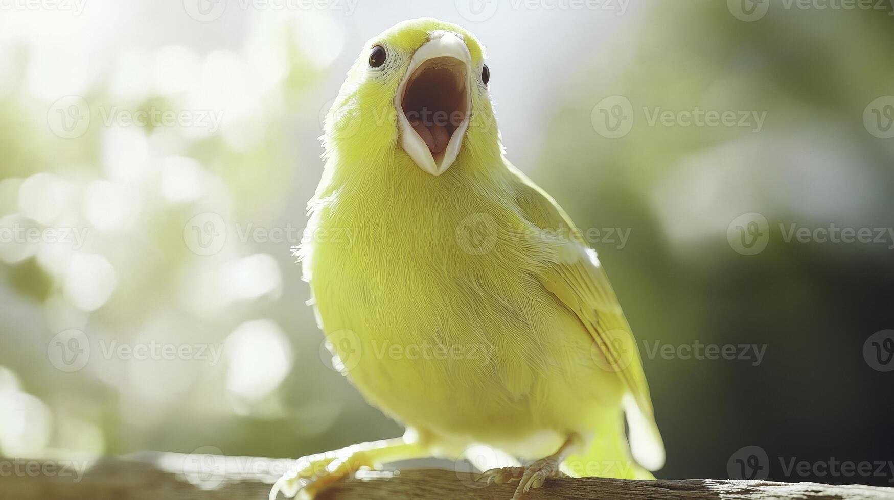 Bright Yellow Canary Singing with Open Beak in Natural Setting photo
