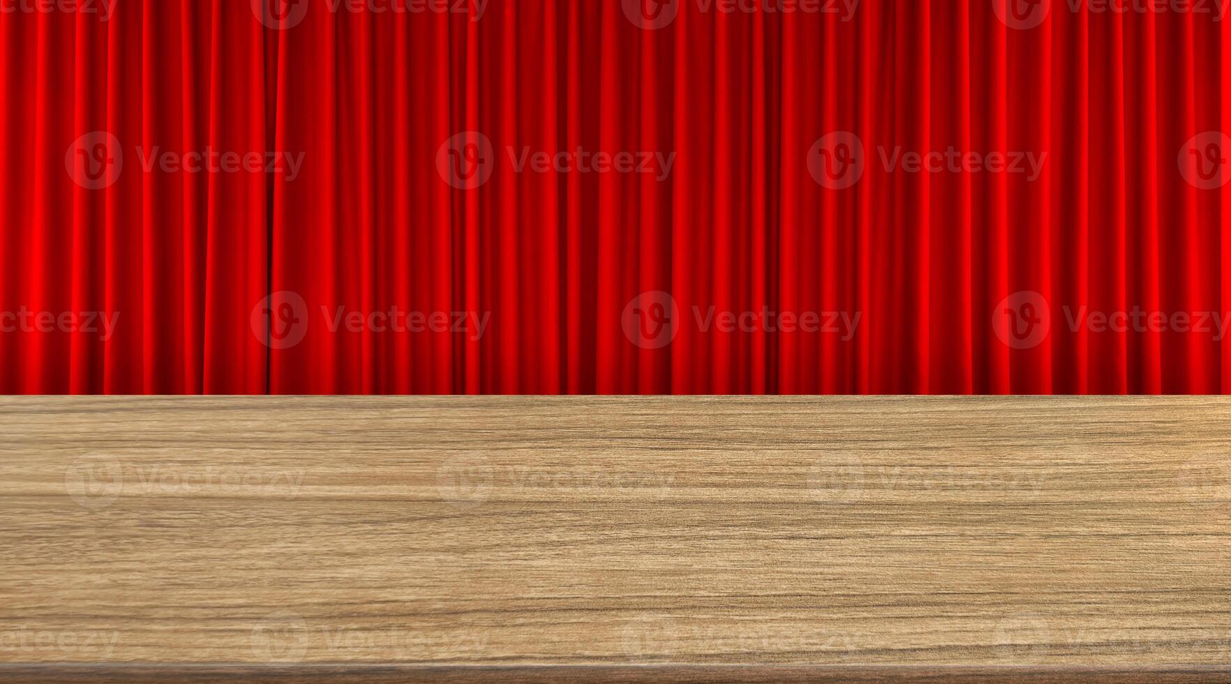 Wooden table front view with red curtains as background. photo