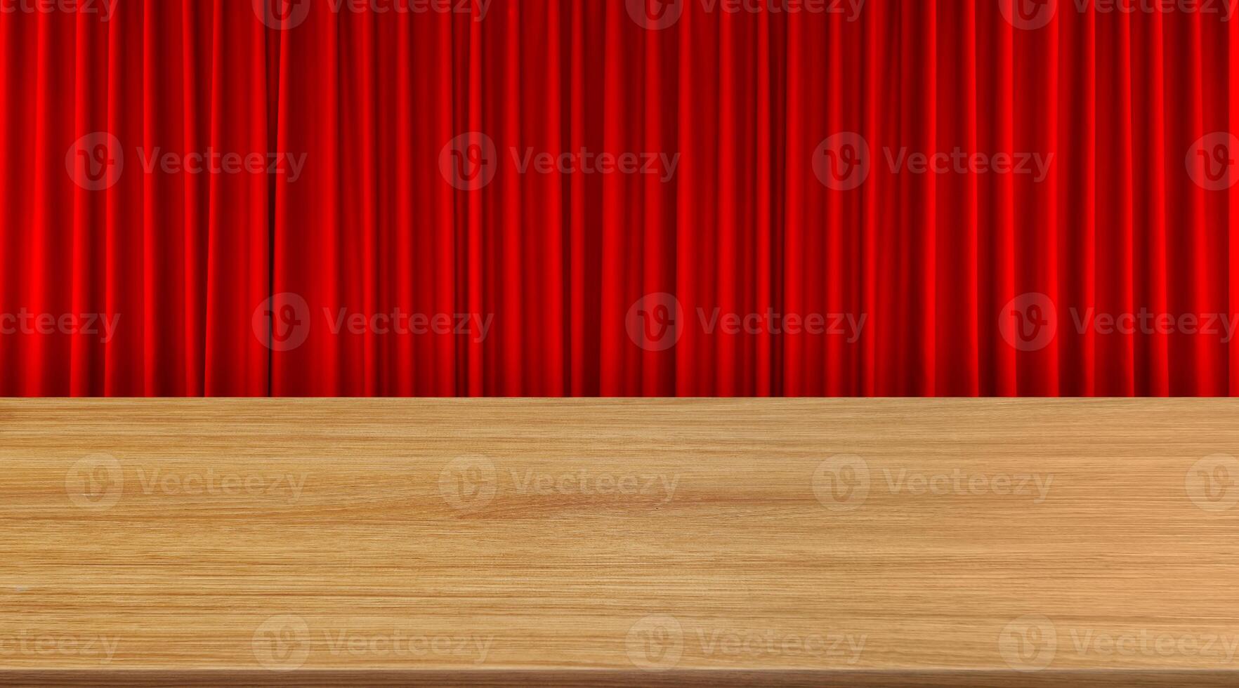 A beautiful wooden table with red curtains as a background. photo