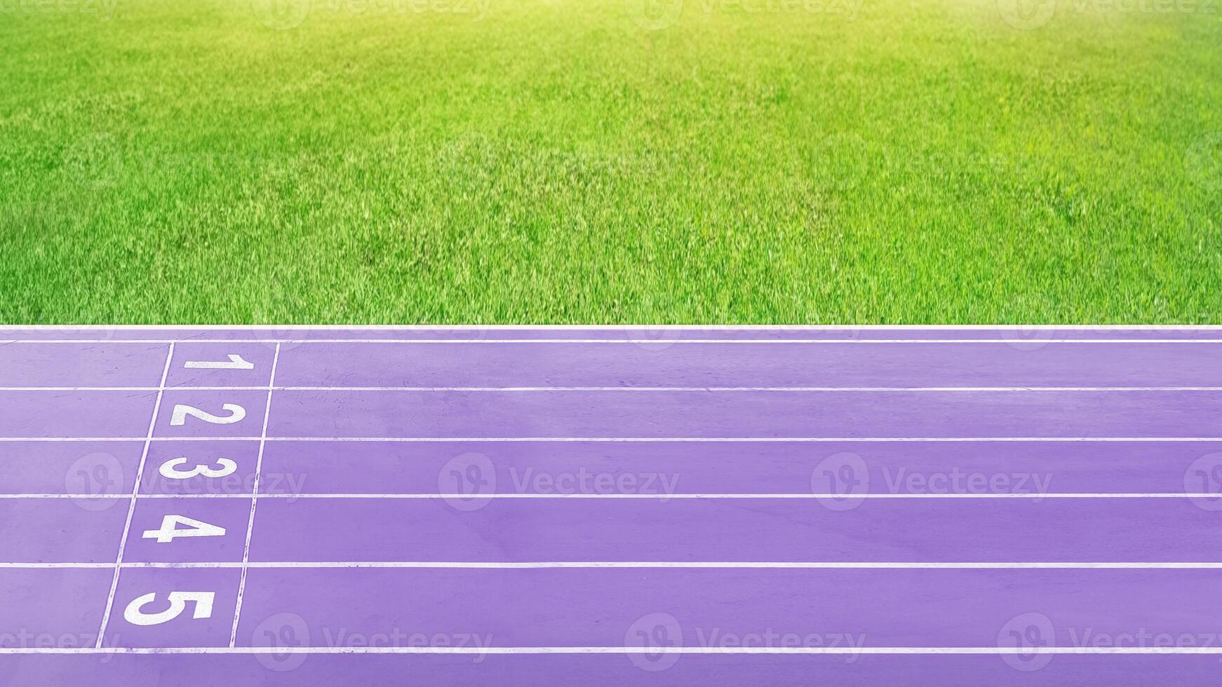 The running track in the purple stadium is empty. photo