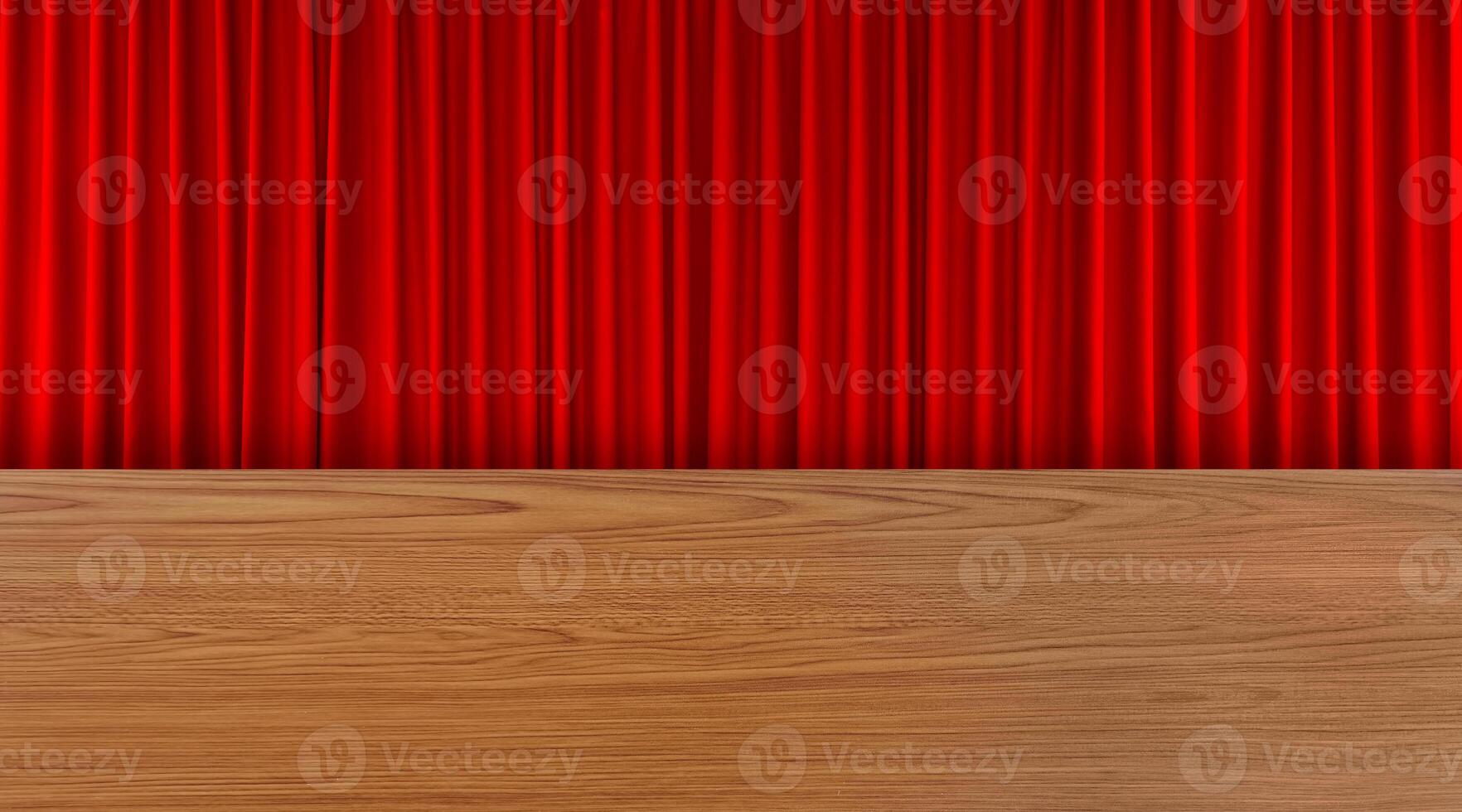 A plain wooden table stands out against a red curtain background. photo