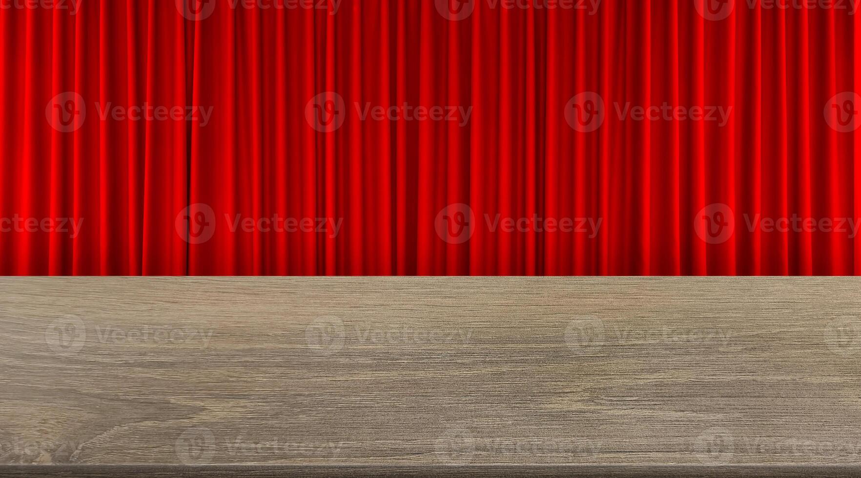 Front view of empty wooden table with red curtain as background. photo