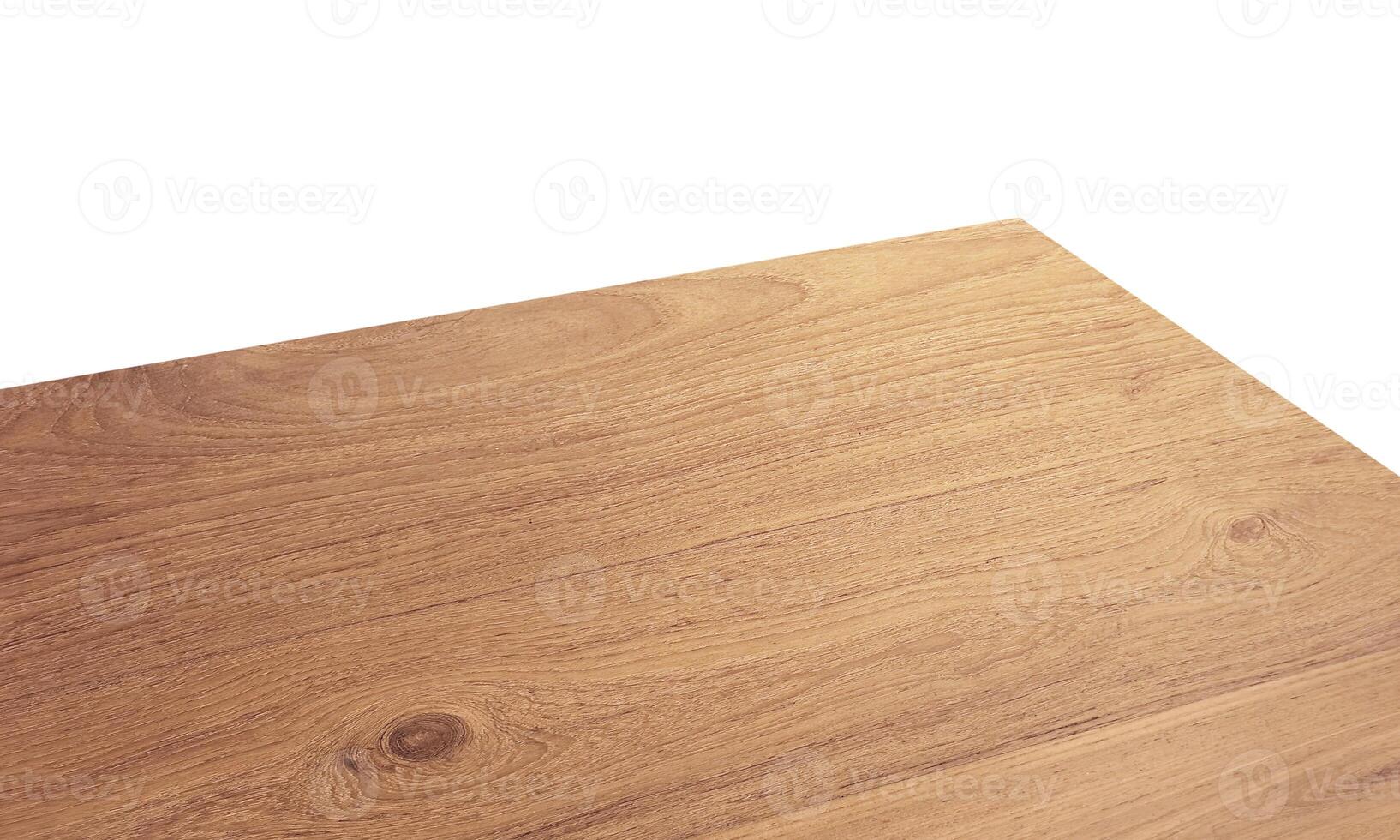 View of wooden table corner or empty wooden table, isolated on white background. photo