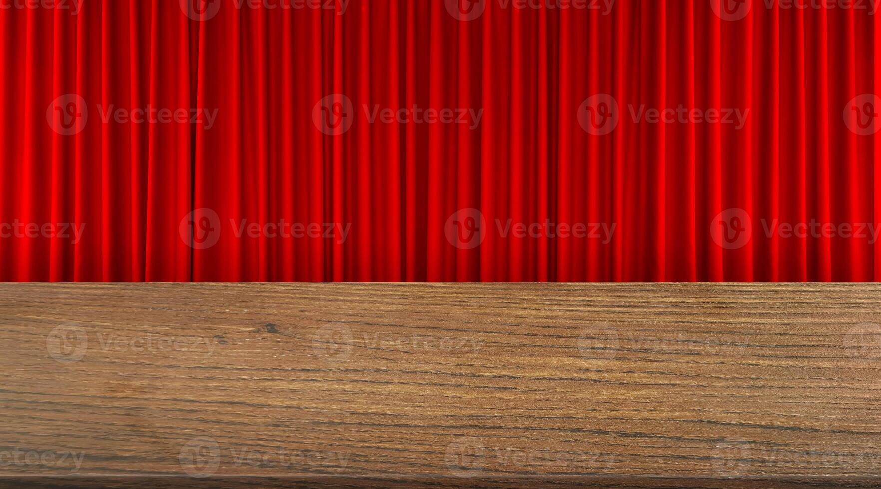 Front view of old wooden table with red curtains as background. photo