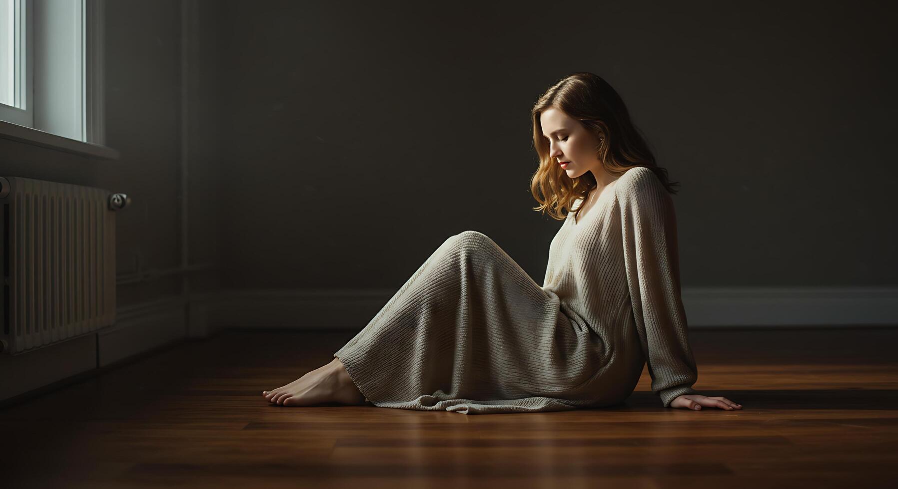 Serene woman in a softly lit room contemplates inwardness - Generated using AI photo
