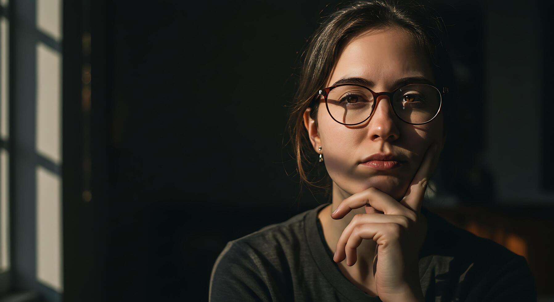 Pensive woman gazing intently with hand on chin in contrasting light - Generated using AI photo