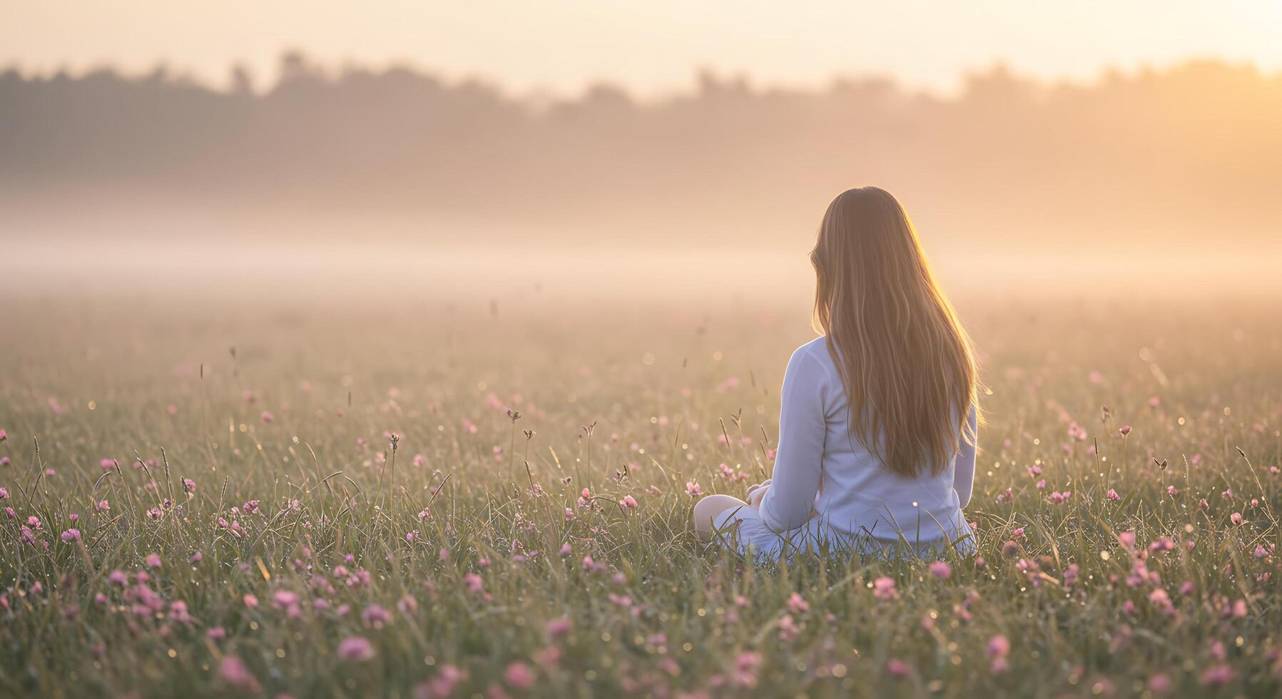 Girl sitting in a hazy field at dawn, surrounded by wildflowers - Generated using AI photo